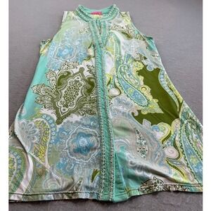 Joyous & Free Paisley Sleeveless Tunic Top Beaded Neckline Size M Green‎ Teal